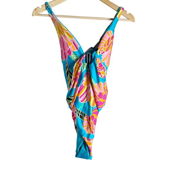 Trina Turk Poppy Blue Floral Print Plunge V-Neck One Piece Swimsuit Size 6 - Picture 4 of 12